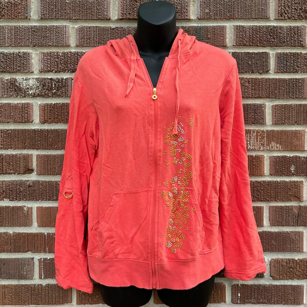 Onque Rhinestone Zip Up long sleeve Sweatshirt Hoodie tangerine orange Size M